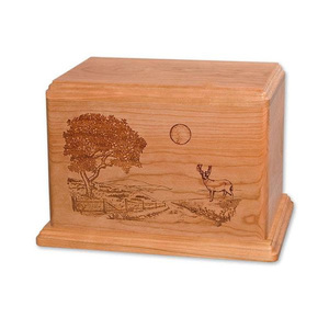 Engraved Deer Scene Wood Cremation Urn Large Solid Timber <b>Memorial</b> Funeral <b>Box</b> for Adult Human Ashes Wholesale <b>Wooden</b> Urns - Product Image 1
