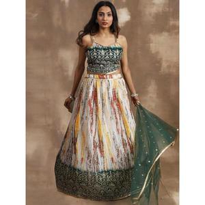 Awesome White & Green Sequins Chinon Events Wear <b>Lehenga</b> Choli - Product Image 6