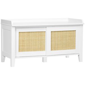 Panca scarpiera rustica in legno di pino con 2 ante scorrevoli in rattan e vano contenitore - Product Image 1