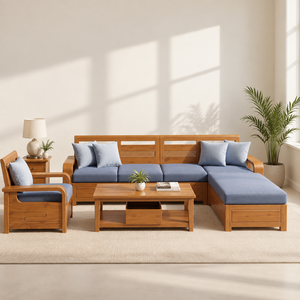 Sofá Seccional Modular Moderno en Forma de L de Madera Maciza con Cojines de Tela Azul, Sofá Cama con Almacenamiento para Sala de Estar - Product Image 1