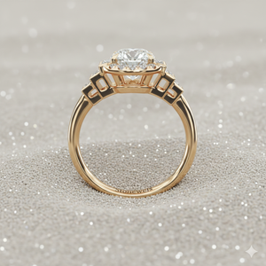 Anillo de compromiso Stonewels con halo de diamantes baguette escalonados, engaste de oro con certificación - Product Image 4