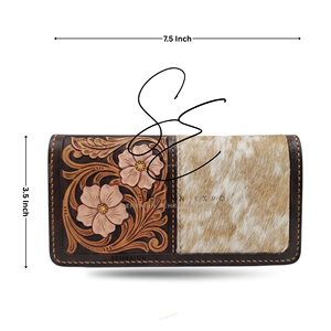 SEHRAINN <b>Tooled</b> <b>Leather</b> HairOn Hide Clutch Floral Embossed Long Wallet Boho Chic Cash Holder Card Slots Open Closure Slim Wallet - Product Image 3