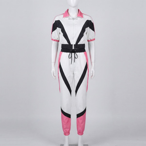 Conjunto de mono deportivo de bloques de color para mujer, de manga corta, con capucha, transpirable, de lona, de largo completo y ajuste ceñido. - Product Image 1