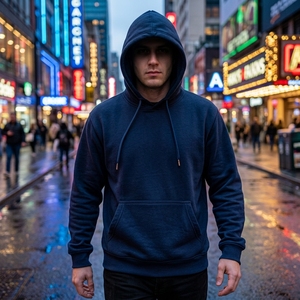Custom <b>Navy</b> Blue Minimalist Pullover Hoodie Men's Casual <b>Sweatshirt</b> Hooded Sportswear 100% Cotton Winter 2 Pcs OEM ODM Wholesale - Product Image 4