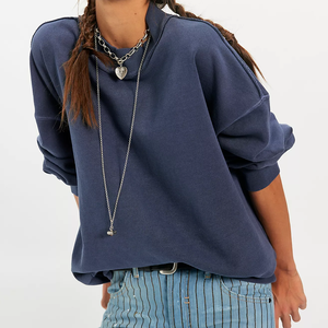 Wholesale Custom Vintage <b>Navy</b> Blue 100% Cotton Plus Size Long Sleeve Fleece Breathable Winter Mock Neck Sweatshirt For Women - Product Image 1