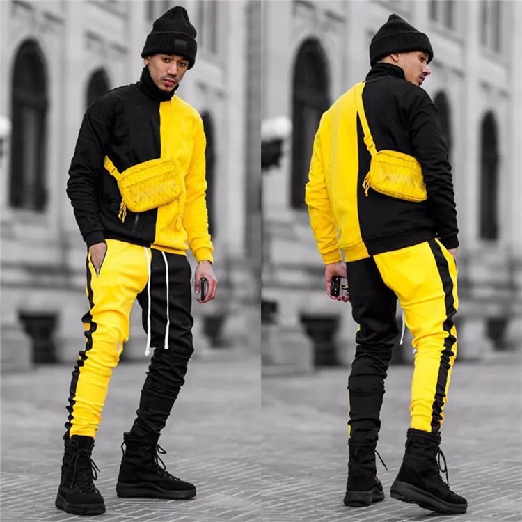 Custom Made Men's Color Block Street Style Casual Tracksuit Men's Pullover Button Pocket Sweatsuit