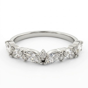 Anillo de Boda con Diamante Cultivado en Laboratorio, Corte Marquesa y Redondo, 0.47 CTW, Certificado por IGI, Oro Blanco Sólido de 9k, Anillo Curvo Tipo Tiara Apilable - Product Image 1