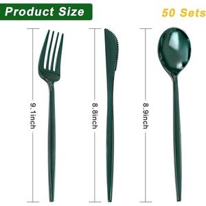 Ensemble de couverts élégants personnalisés vert, 3 pièces (cuillère, fourchette, couteau), réutilisables, qualité alimentaire supérieure, pour fêtes et événements - Product Image 2