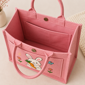 Pink Cartoon Bunny Jute Tote <b>Bag</b> With Carrot Pattern Zipper Closure Handheld Shopping <b>Bag</b> <b>Medium</b> Size - Product Image 5