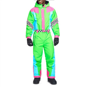 Custom <b>Retro</b> <b>Men's</b> One Piece <b>Ski</b> <b>Suit</b> Neon Color Block Waterproof Windproof Insulated Snowsuit Hooded Belted <b>Ski</b> Jumpsuit - Product Image 2
