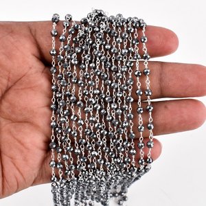 Natural Hematite Faceted Round <b>Beads</b> Rosary Chain With 925 Sterling <b>Silver</b> Wire Wrapped Links 3mm Handmade Jewelry Making Chain - Product Image 2