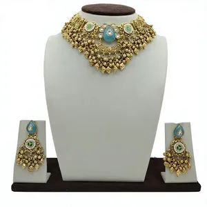 Traditional Gold Tone Necklace <b>Set</b> with Sky Blue Stone and Antique <b>Bead</b> Work Elegant Bridal Jewelry for Women Matching Earrings - Product Image 3