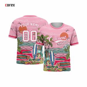 เสื้อคอเร็กซ์สีชมพูพิมพ์ลายทรอปิคอลแขนสั้นคอกลมลายฮาวาย - Product Image 3