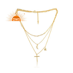 CZ Star Moons And Cross-collar de latón de lujo, hecho a mano, chapado en oro, hilo de Lariat clásico, joyería - Product Image 3