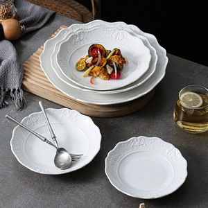 White ceramic Plates with Embossed decorative floral Pattern glossy Underglazed Durable Eco-Friendly BPA Free Oven <b>Microwave</b> - Product Image 4