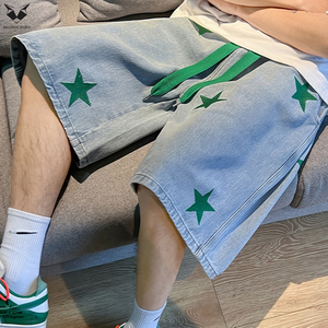 Nueva Tendencia: Pantalones Cortos de Mezclilla para Hombre con Parches de Estrellas, Corte Holgado, Azul Claro, Estilo Baggy, Logotipo Personalizado, Streetwear, Hip Hop - Product Image 6