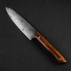 Custom Handmade Ambidextrous Modern Style Utility <b>Knife</b> with 4-5.9in Damascus Steel Blade and Rose Wood Handle in Leather Sheath - Product Image 4