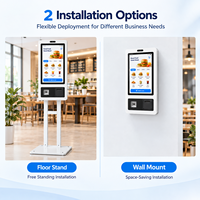 Mesin POS Kios Pemesanan Mandiri Android Windows Layar Sentuh 21,5 inci Pemotong Otomatis Printer Pemindai QR Dudukan Dinding