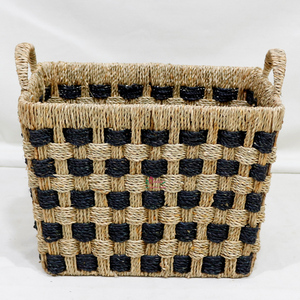 Paniers de rangement en jonc de mer rectangulaires style rustique avec poignées, motif à carreaux noir naturel pour l'organisation de la buanderie - Product Image 3