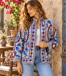 Veste en coton Suzani, style floral, manteau bohème, vêtements de créateur, veste brodée, faite à la main, couleur grise, manteau pour femme - Product Image 1