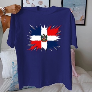 T-shirt pour femme en coton 100% à col rond, coupe confortable, imprimé par transfert thermique, motif du drapeau de la République dominicaine, tricot décontracté - Product Image 2