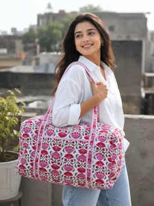 Women’s Hand Block Print Cotton Quilted Duffle <b>Bag</b> | Floral Weekender Travel <b>Bag</b> | Handmade Overnight Tote | <b>Boho</b> Gym <b>Bag</b> - Product Image 1