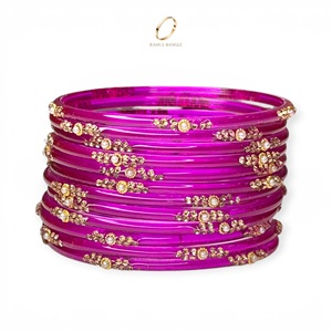 Nouveauté : Bijoux indiens, bracelets en verre rose vif style Kashmiri, plaqués or, cristaux, pour mariage et occasions festives, prix de gros - Product Image 5