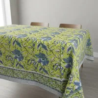 Nappe en coton imprimée à la main indienne, motif floral vert jaune bleu, rectangulaire, style bohème, pour salle à manger