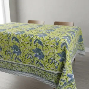 Nappe en coton imprimée à la main indienne, motif floral vert jaune bleu, rectangulaire, style bohème, pour salle à manger - Product Image 1