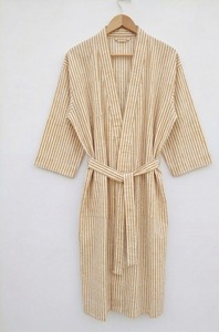 ชุดกิโมโนผ้าฝ้ายพิมพ์ลายบล็อกสไตล์โบฮีเมียนสำหรับผู้หญิง คอตั้ง เรียบลื่น ใส่ได้ทั้งฤดูร้อน ฤดูใบไม้ร่วง ฤดูใบไม้ผลิ เหมาะสำหรับใส่คลุมชุดไปทะเล - Product Image 5