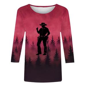 T-shirts pour femmes Western Cowboy grande taille, col rond, rouge, décontracté, manches 3/4, boutonné, coupe ample, épaules tombantes - Product Image 3