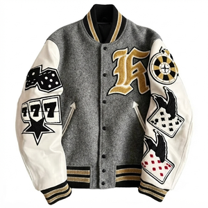 Custom Grey Wool Body <b>White</b> Sleeve Hooded Breathable Windproof Letterman <b>Jacket</b> Casino Patches <b>Men</b> Vintage College Bomber Casual - Product Image 1