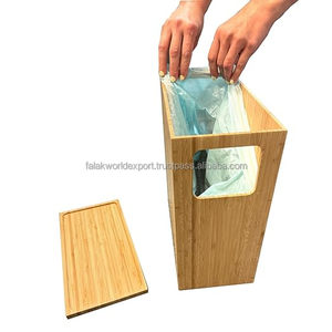 Poubelle publique en bois personnalisée Poubelle mince en bambou avec couvercle Corbeille à papier pour salle de bain chambre bureau vanité salon ou spa FWE - Product Image 1