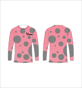 Camiseta Deportiva Ligera de Manga Larga Sublimada Personalizada con Diseño de Círculos Rosa y Grises, Proveedor de Ropa al Por Mayor - Product Image 1