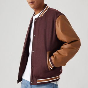 Men's <b>Maroon</b> Varsity Jacket With Brown PU Leather Sleeves Zipper Front Casual Bomber <b>Coat</b> Autumn Wear - Product Image 3