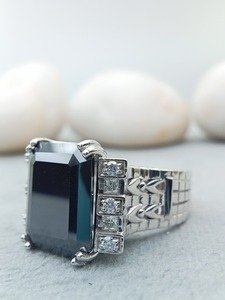 D'VINS JEWELS Classic 925 <b>Silver</b> Cocktail <b>Ring</b> Channel Setting <b>Emerald</b> Cut Buguette Brilliant 9x7mm VVS Moissanite Rhodium - Product Image 2