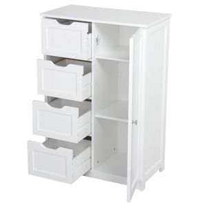 Mueble de Baño de Madera de Teca Blanca con 4 Cajones, Armario para Ropa de Cama con Puerta Estilo Shaker, Armario de Almacenamiento para Artículos de Aseo - Product Image 1
