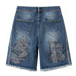 Shorts en jean taille haute pour homme, délavés, effet dégradé, brodés, déchirés, ourlet effiloché, en coton, pour l'été, style décontracté - Product Image 4