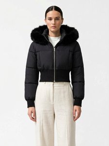 Chaqueta Acolchada de Invierno para Mujer, Negra, Resistente al Viento e Impermeable, con Cierre de Cremallera, Relleno de Algodón, Color Sólido, Corte Regular - Product Image 1