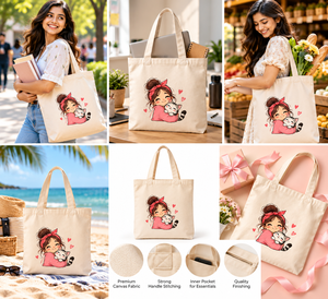 Bolsa de Lona Reutilizable Personalizada AMANI con Diseño de Chica Abrazando a un Gato, para Compras y Viajes - Product Image 6