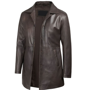 <b>Men's</b> Genuine Leather <b>Long</b> Trench <b>Coat</b> Notched Lapel Single Breasted Regular Sleeve Overcoat casual leather <b>coat</b> - Product Image 1