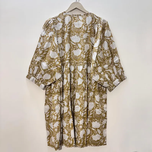 Vestido Casual Midi de Algodón Tejido con Estampado Floral para Mujer, Mangas Abullonadas, Cintura Imperio, Estilo Babydoll, Cuello en V, Corte Holgado - Product Image 2