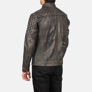 Mans Fernando Quilted Distressed Brown <b>Leather</b> Breathable Vintage Style Biker <b>Jacket</b> Accordion Side Pockets Band Collar for - Product Image 2
