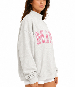 Sweat-shirt oversize pour femme, gris rose à carreaux, imprimé « Mama », en mélange de coton, style pull décontracté, col montant - Product Image 2