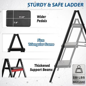 330 Lbs Load Capacity Sturdy Small <b>Step</b> <b>Stool</b> 3-<b>Step</b> Folding Steel Ladder for Adults Multi-Use in Kitchen Home and Office - Product Image 3