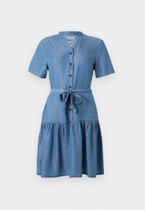Women's Denim Shirt Dress V-Neck Short Sleeve Skinny Fit Maxi with Belt Casual Summer Solid Blue Cotton Woven Vintage - Product Image 4