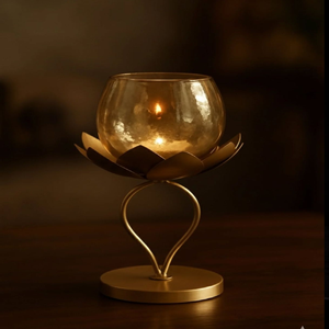 Elegant Golden Brass Lotus <b>Stand</b> Glass <b>Tea</b> Light Candle Holder for Home Temple Puja, available at wholesale prices. - Product Image 1