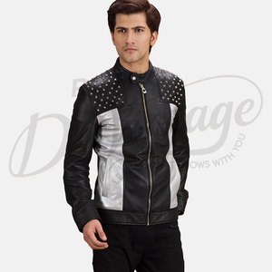 Chaqueta de Cuero para Hombre, Premium, Negra y Plateada con Tachuelas, Piel de Oveja Genuina, Estilo Punk Rock, Corte Ajustado, Chaqueta de Motociclista a la Moda - Product Image 1