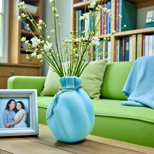 Jarrón de Cerámica Azul Marino con Arreglo de Eucalipto Plateado, Decoración de Mesa - Product Image 3