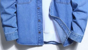 Veste en jean pour homme, classique, boutonnée, bleu uni, coton, décontractée, poches déchirées - Product Image 6